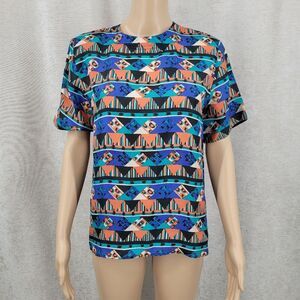 Vintage Silk Aztec Geometric Patterned Short Sleeve Top Blouse